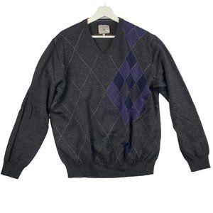 Wolsey Sweater Men XL Argyle‎ Merino Wool Blend V-Neck Grey Purple Pullover